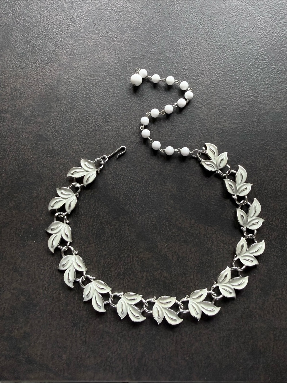 Vintage Coro White Enameled Silver Leaf Necklace Choker